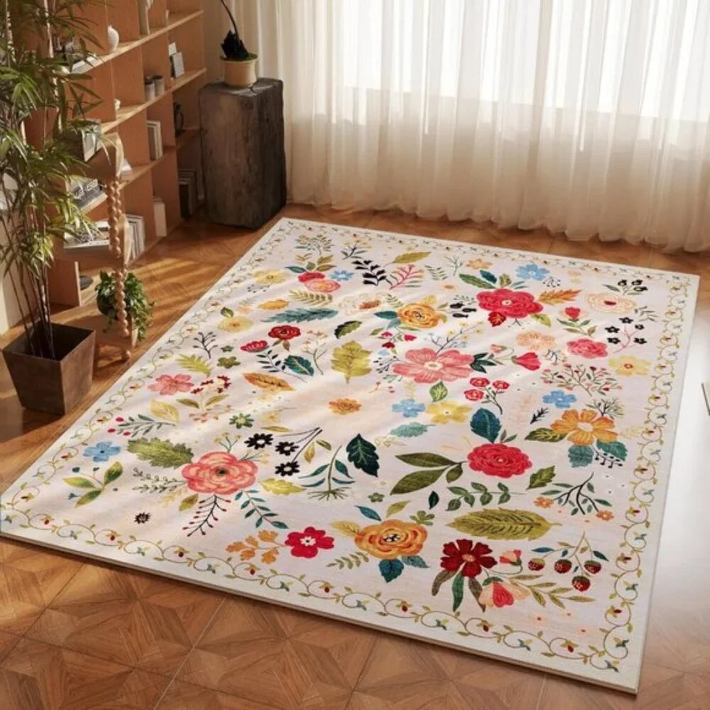 New 4x6 Washable Boho Rug, Non-Slip Low Pile Floral Carpet for Home & Office